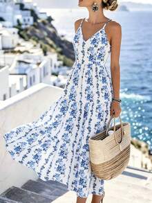 Elenzga Nuevo vestido casual elegante con cuello en V, cintura ceñida y estampado para mujeres - Azul y blanco - Ver 5