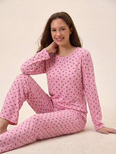 EURMUSE Cotton Women Heart Letter Pattern Rib Knit Round Neck With Long Sleeve Top&Pants Homewear Comfort Lounge Set For Ladies Pajama Sets For Women Round Neck Pj Sets For Women Long Sleeve Heart Print Pajama Set Pjs Pink Sleep Wear Women 2 Piece Set