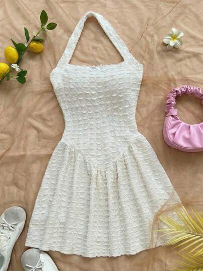 SHEIN 少女纯色蝴蝶结装饰荷叶领时尚派对外出连衣裙