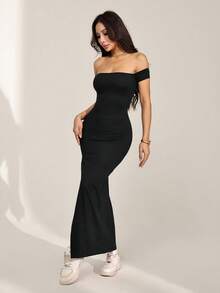 SHEIN PETITE Đầm nữ màu trơn trễ vai xẻ cao, thích hợp cho mùa hè, đầm hè cho nữ. - màu đen - Xem 8