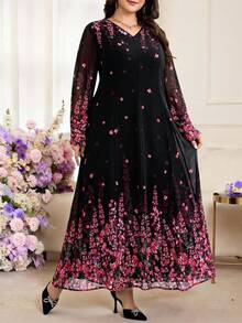 Modelyn Đầm dài tay cổ chữ V họa tiết hoa thanh lịch cỡ lớn cho nữ - màu đen - Xem 6