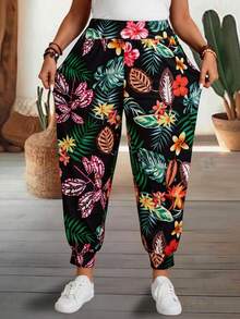 EMERY ROSE Plus Size Women Tropical Plant Print Casual Drawstring Pants Summer Spring Beach Vacation For Bohemian Fall - Multicolor - View 3