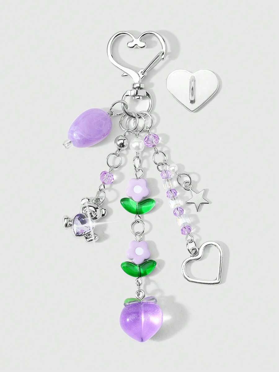 ROMWE Kawaii 1款全新创意可爱休闲甜美学院风紫色系列不对称天然石水钻爱心抱熊仿水晶星星爱心花桃子DIY钥匙扣包包挂件水杯挂件手机壳挂件，固定粘贴爱心饰品，适合女孩女士日常佩戴，节日礼物 - 紫色-20 - 查看 1