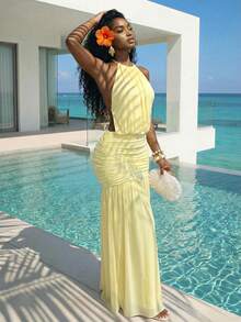 Slaydiva New Early Spring, Spring And Summer Music Festival, Valentine's Day, Easter, Bohemian Style, Nomadic Style, Casual, Simple And Basic, Cruise Party, Birthday Party, Daily Date, Casual Vacation, Elegant Commuting, Round Neck, Halter, Tie, Large Backless, Pleated Design, A Skirt, Light Yellow Dress, Slim Dress, Long Dress, Net Fabric, Long Dress For Women -B - Light Yellow - View 6