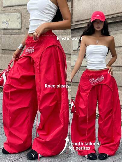 SHEIN Coolane Petite 女士小码夏季音乐会套装街头休闲返校外出印花条纹纹理装饰运动红色阔腿运动裤小码修身高腰裤适合娇小身材