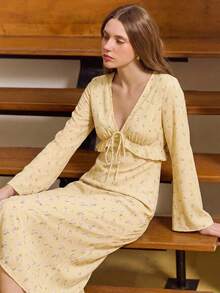 lacRébo Black Floral Print V-Neck Tie-Front Midi Dress With Ruffled Details And Long Sleeves - Pale Yellow - View 1