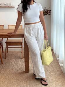 Enliva Plus Size Women White Embroidered Knotted Casual Pants, For Apple And Rounded Body Shape, For Summer - White - View 4