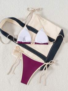 Swim Mod Bộ bikini hai mảnh màu trơn mới dành cho nữ, kiểu dáng tam giác, gợi cảm, buộc dây, phối màu tương phản. - Màu Đỏ Sâu - Xem 2