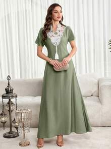 Al Najma Đầm ngắn tay cổ chữ V thanh lịch thêu sequin dành cho nữ, thích hợp cho mùa hè. - màu xanh lá - Xem 4