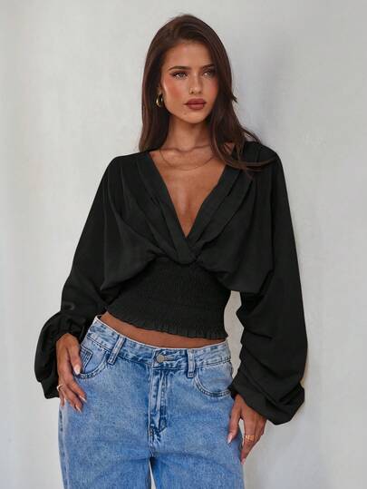 Aloruh Women's Elegant Shirred Batwing Sleeve Cinched Waist Solid Color Textured Fabric Long Sleeve Blouse
