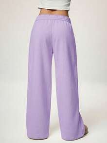 SHEIN Forever 21 秋冬新款休闲宽松高腰弹力腰带阔腿运动裤，加厚保暖内衬 - 淡紫色 - 查看 2