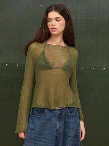 COUREZ SLASH NECK OPEN HOLE KNITTED SWEATER - Green - View 4