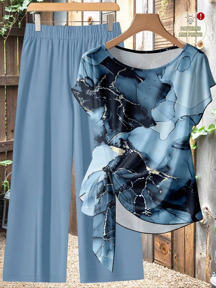 SHEIN Clasi 休闲简约风浅蓝色仿箔抽象花卉图案女式衬衫配蝴蝶结和宽松直筒裤两件套，适合秋冬季节，复古风格 - 彩色 - 查看 1