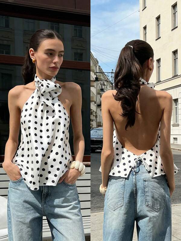 Pariaura 2026 New Arrival Women's Blouse, Elegant Polka Dot Print Halter Neck Sleeveless Women's Top, Backless Design With Bow Tie Detail, Silky Satin Spring Summer Clothing For Party & Daily Wear Halter Neck Tops For Women Poka Dots Top Backless Halter Top Backless Shirts Backless Tops
