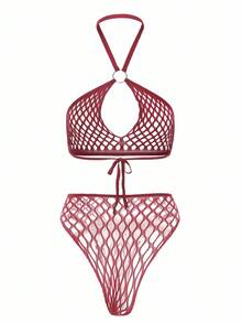 ChaseTheNight Bộ đồ lót hai mảnh màu đỏ rượu vang bằng lưới, cổ yếm, có chi tiết vòng kim loại, thích hợp cho các bữa tiệc và hộp đêm. - Màu Đỏ Sâu - Xem 2