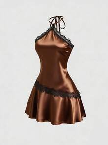 Sweetra Women's Lace Patchwork Halter Tie Waist Fashionable Date Mini Dress - Coffee Brown - View 1