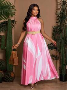 SOLERSUN 大码女装春夏宽松休闲印花无袖露背领口系带抽绳A字连衣裙，夏季连衣裙，沙滩度假长裙（带侧袋） - 粉色 - 查看 5