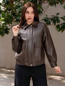 Bris Aura 秋季新款宽松休闲PU皮女式夹克，秋季女装皮夹克 - 棕色 - 查看 1