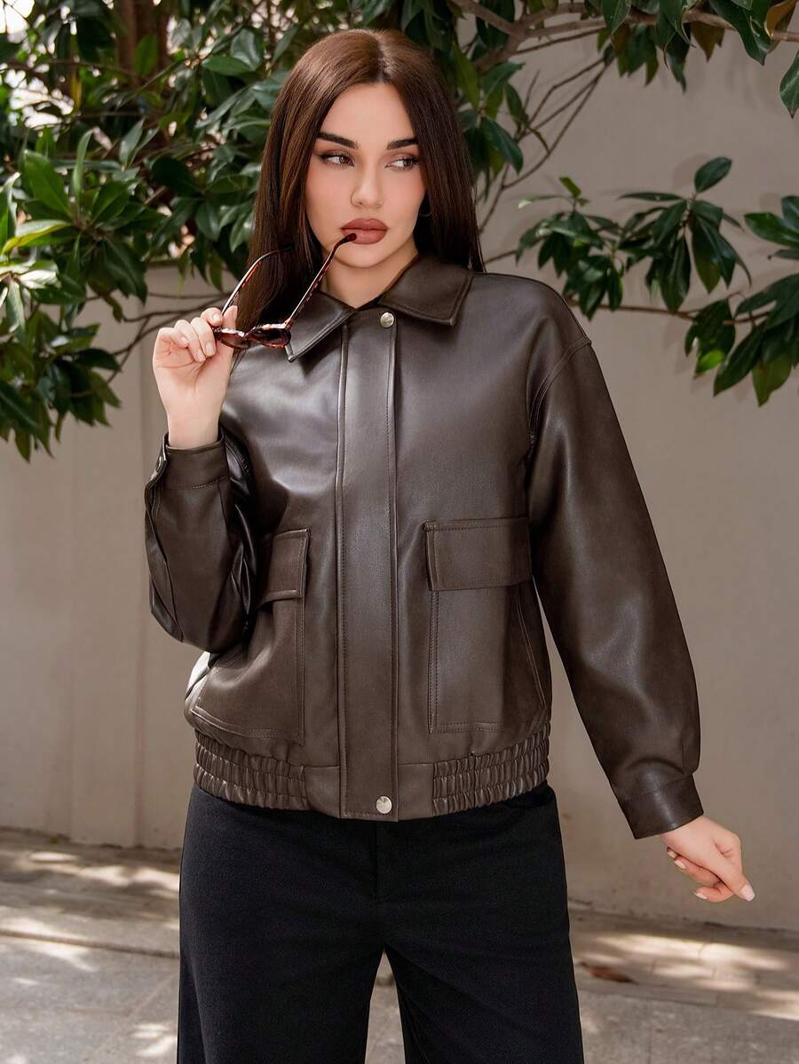 Bris Aura 秋季新款宽松休闲PU皮女式夹克，秋季女装皮夹克 - 棕色 - 查看 1