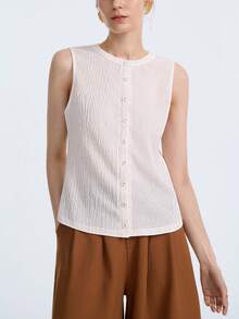 Aalyst Damen Sommer Ausflug, Date, Neujahr, Valentinstag, Ostern, Muttertag, Musikfestival, Naher Osten, Hochzeit, Sophisticated, Modisch, Elegant, Vintage, Casual, Minimalistisch, Pendeln, Romantisch, Urlaub ärmellose strukturierte Jacquard Rundhals Knopfleiste Figurbetontes Tank Top, Milchig Weiß - Beige - Übersicht 8