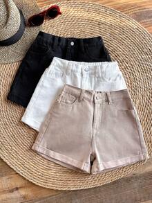 SHEIN Bộ 3 chiếc quần short denim màu kaki, đen, trắng dành cho bé gái tuổi teen. - Nhiều màu - Xem 3