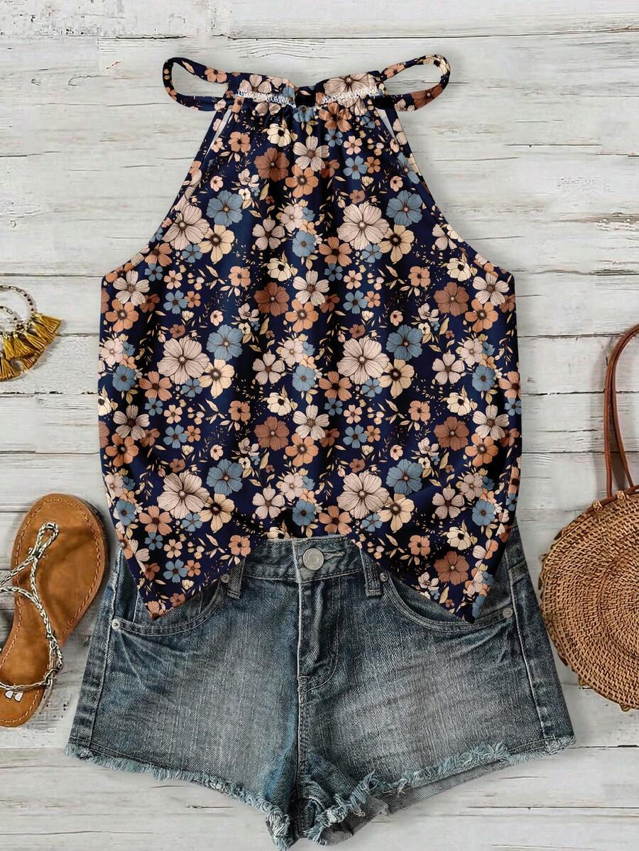 Rusticease Women's Halter Neck Camisole Suitable For Spring & Summer, All-Over Vintage Floral Pattern,Summer Top - Multicolor - View 1