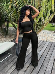 SHEIN SXY 女士黑色流苏低腰喇叭裤，流苏，适合节日、音乐节、锐舞派对、外出、性感、夜店、夏季、西部风、Y2K风格，夏季裤装，带流苏的裤子，阔腿裤，高腰裤 - 黑色 - 查看 5