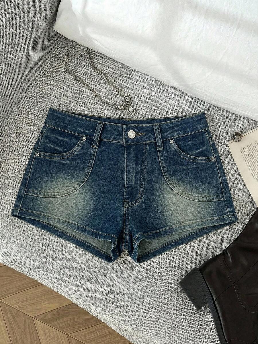 Elamini 女士休闲宽松牛仔短裤，带口袋 - 中等水洗藍 - 查看 1