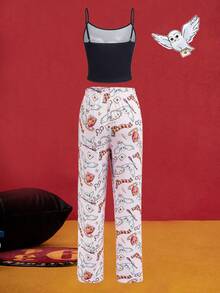 HARRY POTTER X SHEIN Women's Cartoon Print Camisole And All-Over Print Pajama Pants Set - Black - View 2
