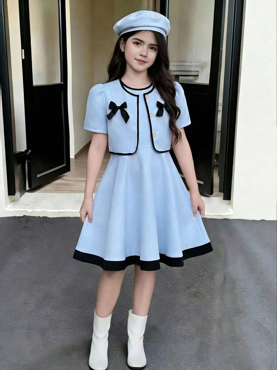 SHEIN 2026春夏新款少女时尚优雅蝴蝶结装饰外套连衣裙套装 - 藍色 - 查看 1