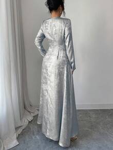 Elenzga 女士优雅休闲通勤度假下午茶派对纯色金属箔面料圆领交叉系带A字长袖连衣裙，春/秋/冬特殊场合晚礼服银色金属连衣裙女士正式连衣裙女士连衣裙优雅经典 - 淺藍色 - 查看 2