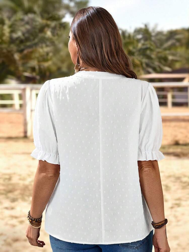 Women's Plus Size Boho White Blouse With Notched Neckline And Half Puff Sleeves Floral Embroidery Detail