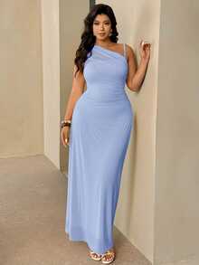 Auralis Plus Size Women's Light Blue Summer Elegant Wedding Guest Sheer Mesh Sleeveless Asymmetrical Neck Ruched Fitted Dress,Minimalist Chic Fashion Basic - Baby Blue - View 6