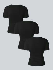 Sparklyn 少女纯色纽扣领修身短袖T恤 - 黑色 - 查看 2