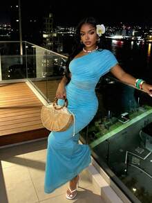 Slaydiva New Early Spring, Spring And Summer Music Festival, Valentine's Day, Easter, Bohemian Style, Nomadic Style, Casual, Simple And Basic, Cruise Party, Birthday Party, Daily Date, Casual Vacation, Elegant Commuting, Off-The-Shoulder, Single-Shoulder, Off-The-Shoulder, Slimming Long Dress, Sky Blue Dress, Gauze Dress, Women's Extra-Long Dress -A - Mint Blue - View 6