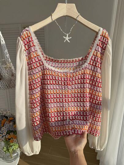 Comfortcana Plus Size Summer Vacation Crochet Lantern Sleeve Sheer Shirt