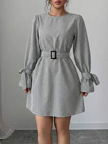 EURMUSE Striped Print Knot Cuff Belted Dress - Black - View 4