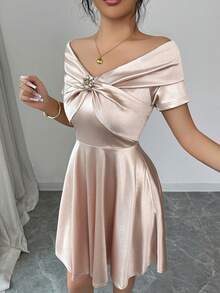 Modelyn Đầm ngắn dáng chữ A hở vai, thắt eo, mùa hè - Màu be - Xem 6