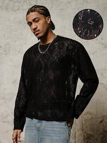 PAVTROS 男士长袖圆领T恤，镂空面料，宽松版型 - 黑色 - 查看 5