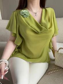 Vibekara Elegante, sexy Bluse mit Blumenmuster, drapiertem Ausschnitt und Rüschensaum für Frauen - Grün - Übersicht 1