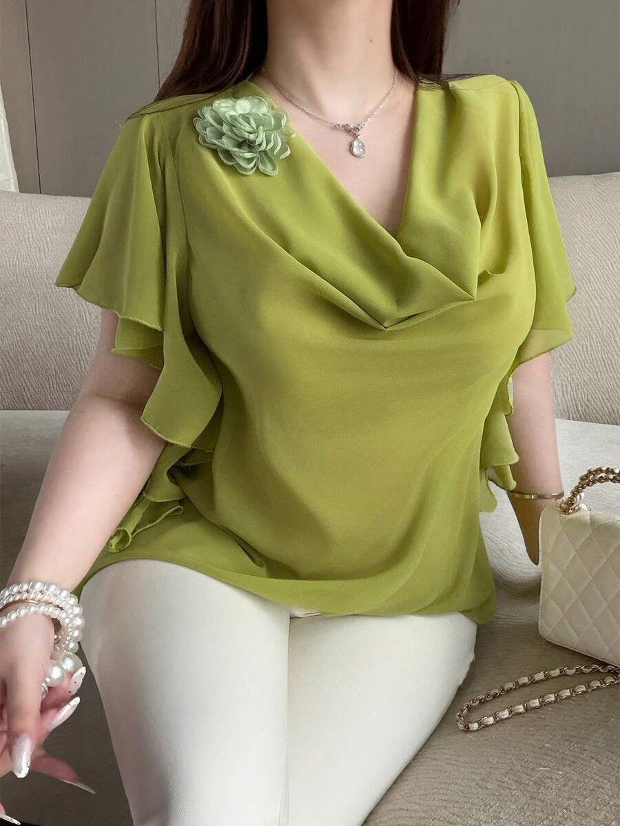 Vibekara Elegante, sexy Bluse mit Blumenmuster, drapiertem Ausschnitt und Rüschensaum für Frauen - Grün - Übersicht 1