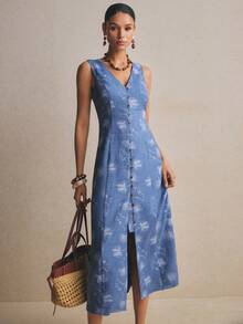 Poéselle Đầm nữ họa tiết hoa, cài cúc, cổ chữ V, không tay, kiểu dáng thường ngày. - Màu xanh lam - Xem 7