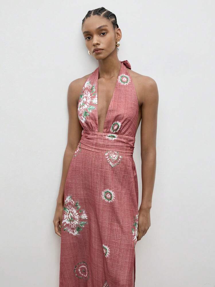 SHEIN Maija Women's Summer Sexy Beach Vacation Spiral Tie-Dye Print Backless Knotted Ruched Waist Dress  St Patrick's Day Women Easter Summer Outfits Easter Dress Women Party Top Beach Dress Summer Holiday Outfits Each Vacation Outfits For Women  Summer Outfit For Women Going Out Outfits Graduation Graduation Outfit  Casual Dresses  Casual Blouses For Women Resort Wear Resort Dresses Pink Floral Dress Women Rose Dress