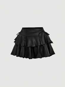 SHEIN MOD Petite Fit For The 150-160cm, Petite Perfect,  Women's Black Low-Waist Double-Layer Coated Mini Skirt - Black - View 2