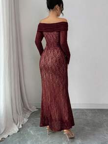Modelyn Damen elegantes Off-Shoulder Spitze Maxikleid mit Fischschwanz, Herbst/Winter - Bordeaux - Übersicht 2