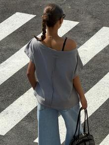 Muchica 灰色针织女式单肩T恤 - 灰色 - 查看 2