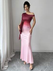 Modelyn 玫瑰红渐变不对称露肩喇叭袖褶皱腰身鱼尾连衣裙（女款） - 玫瑰紅 - 查看 6