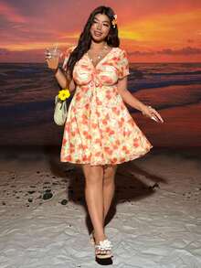 SHEIN EZwear Cherry Print Elastic Ruched Waist A-Line Plus Size Dress, Spring/Summer - Orange - View 3