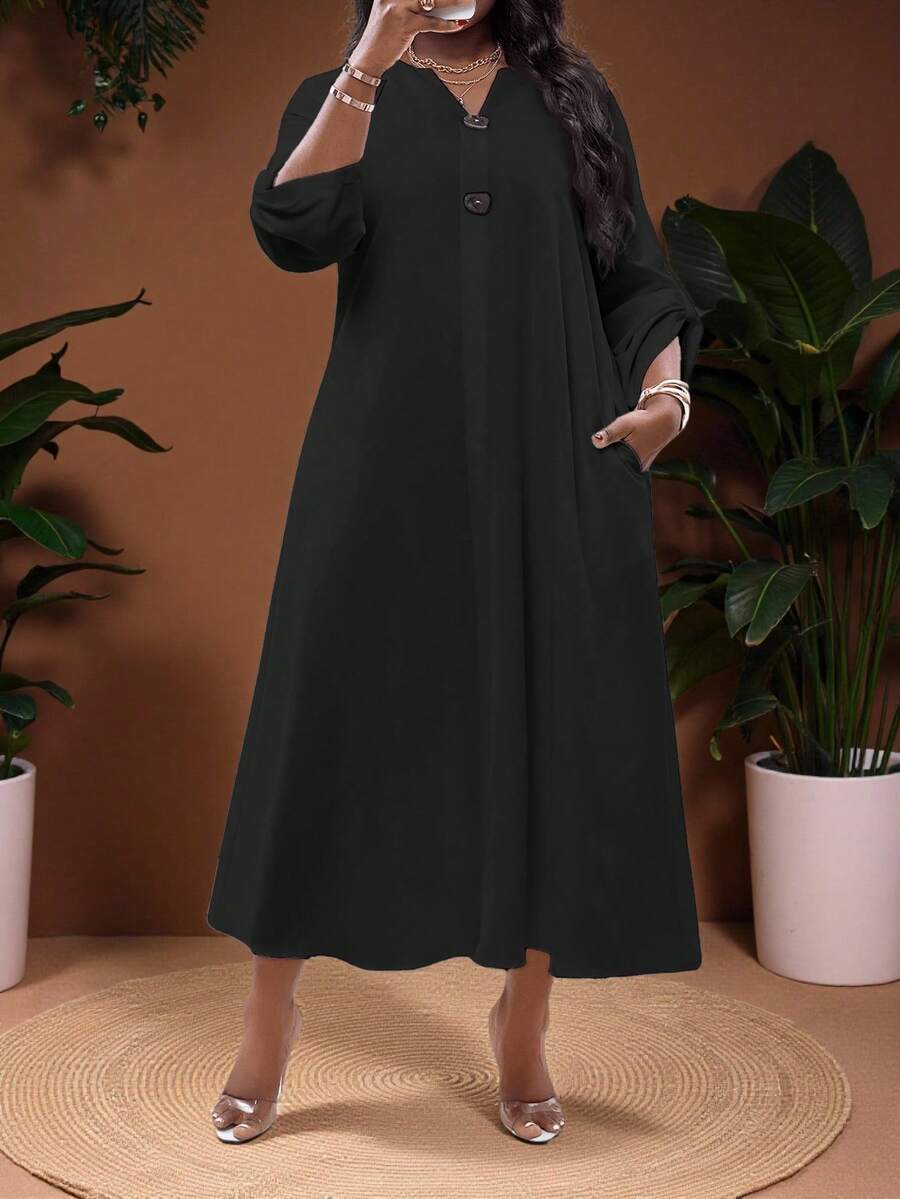 Veslaya 大码女式夏季百搭休闲纯色卷袖口袋中长连衣裙 - 黑色 - 查看 1