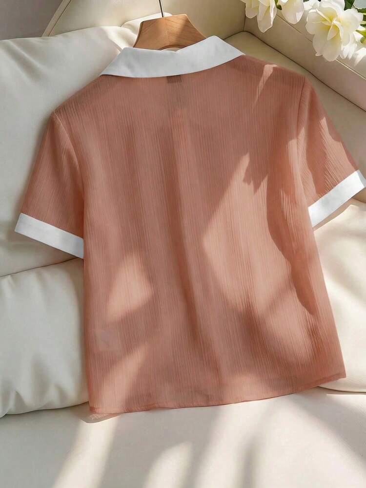 Franclia Women's Elegant Pink Chiffon Crinkle White Collar Loose Short Sleeve Blouse - Coral Pink - View 2